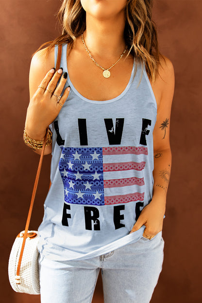 Camiseta sin mangas con gráfico de rayas y estrellas LIVE FREE