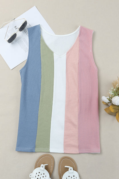 Camiseta sin mangas de punto tipo gofre a rayas multicolores