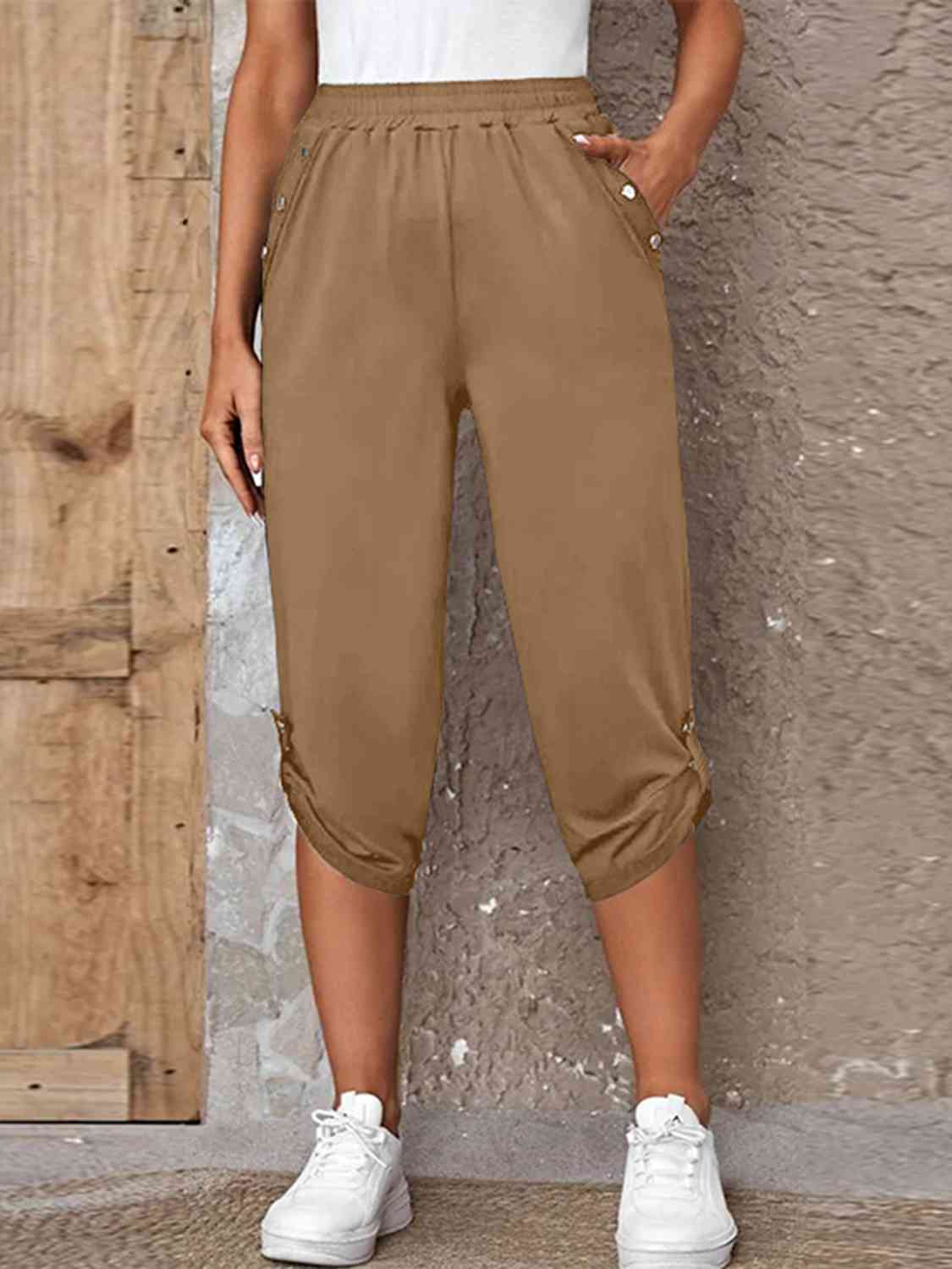 Pantalones capris con lengüeta enrollable de tamaño completo